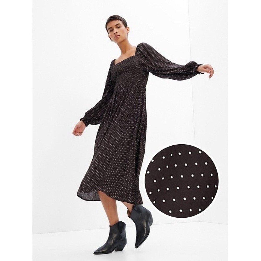 Gap Brown Polka Dot Smocked Square Neck Midi Dress Long Puff Sleeve Small